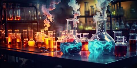 Photo of a chemistry lab with flasks filled with colorful liquids, bubbling over a Bunsen burner