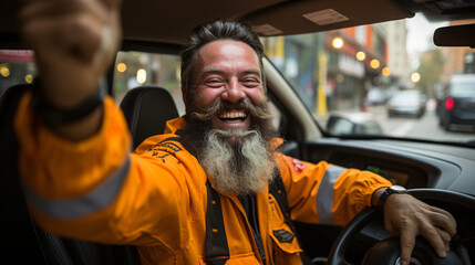 Fototapeta na wymiar man driving car. A Taxi Driver taking selfi while laughing.Ai