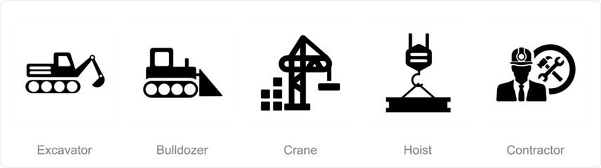 A set of 5 Build icons as excavator, bulldozer, crane