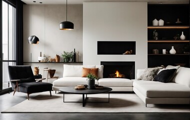 Fototapeta na wymiar loft home's modern living room features a stunning interior design with a vibrant white sofa, black lounge chair, and a fireplace surrounded by a concrete black wall