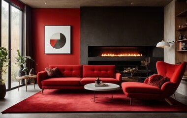 loft home's modern living room features a stunning interior design with a vibrant red sofa, white lounge chair, and a fireplace surrounded by a concrete dark red wall