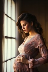 Fototapeta premium Portrait of a pregnant woman holding her belly, standing by a window with natural light, showcasing the beauty of pregnancy