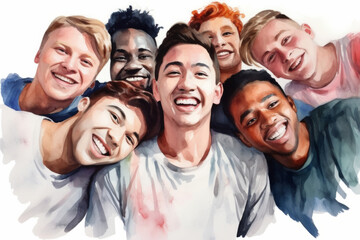 Group, diverse students and watercolour portrait illustration on a white background for human rights protest, awareness and LGBTQ. Happy, beautiful and colourful sketch for creative poster design