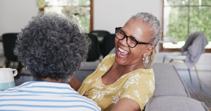Happy senior african american female friends having coffee and talking on couch, slow motion