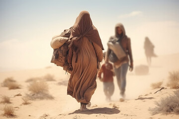tired exhausted poor people walking through desert carrying their bags and kids, hot sunny day in sand dunes - obrazy, fototapety, plakaty