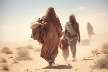 Poster tired exhausted poor people walking through desert carrying their bags and kids, hot sunny day in sand dunes © Alena Yakusheva