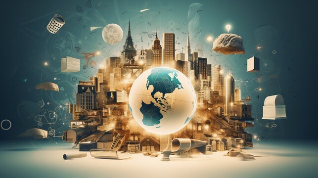 Global Learning: Illuminating Intelligence Collage with Travel Motif - Light Bulb, World Map, and Creativity