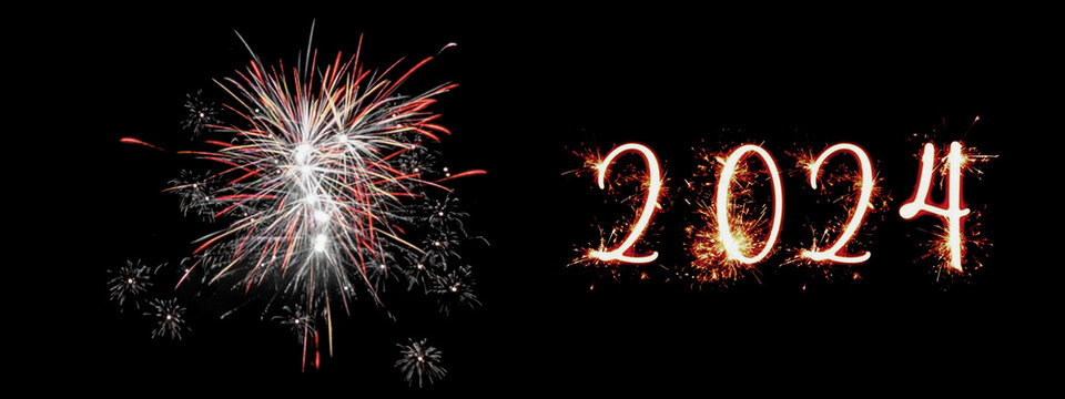 Postcard with wishes for the New Year. Happy New Year 2024. PF 2024. Pour feliciter.