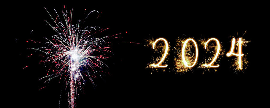 Postcard with wishes for the New Year. Happy New Year 2024. PF 2024. Pour feliciter.