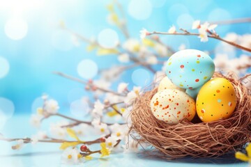Easter eggs in a nest on a blue background. Generative AI.