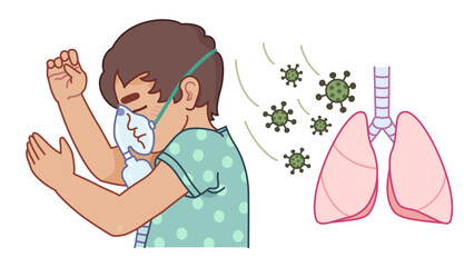 A child with an oxygen mask ventilator on his face. Viruses that attack the lungs. Vector illustration on the subject of the HRV pneumonia and COVID.