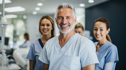 A team of dentists poses in a modern large dental practice.