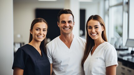 A team of dentists poses in a modern large dental practice. - obrazy, fototapety, plakaty