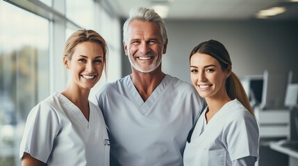 A team of dentists poses in a modern large dental practice.