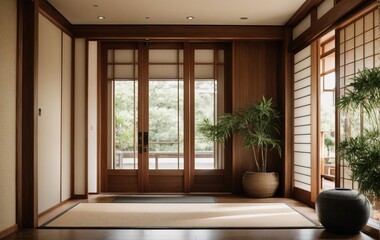 Fototapeta premium Entrance hall is designed in a modern Japanese style, featuring a door as its focal point. The interior design of the hall incorporates elements of Japanese aesthetics, creating a serene and minimalis