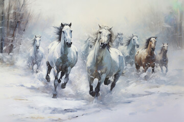A Majestic Display of Horses in a Winter Wonderland Created With Generative AI Technology - 692903750