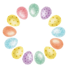 Frame of cute colorful Easter eggs. Paschal Concept with Easter Eggs with Pastel Colors. Isolated watercolor illustration. Design for Easter cards, covers, posters and invitations.