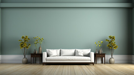 Grey wall with white sofa and indoor plants simple interior Design. Ai