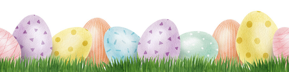 Cute colorful Easter eggs in grass. Seamless border of with Easter Eggs with Pastel Colors. Isolated watercolor illustration. Template for Easter cards, covers, posters and invitations.