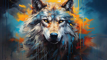 Vibrant wolf, expressive painting, wild and colorful. Energetic, nature-inspired art for decor, prints and creative expressions. On a dynamic canvas with a touch of untamed beauty.
