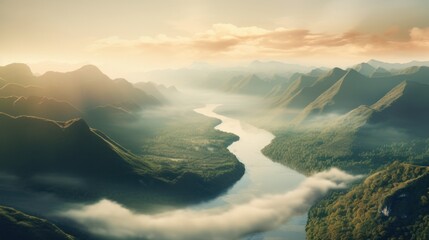 River among the hills in fog. - obrazy, fototapety, plakaty