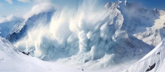 Mountainous region in Caucasus experiences avalanche. - obrazy, fototapety, plakaty