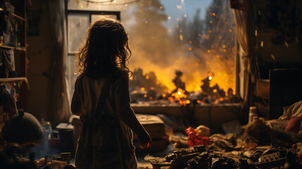 a little girl looks at a resolved and burning city after the bombing, the war