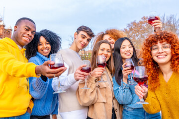 Students celebrating winter holidays with red wine outdoors