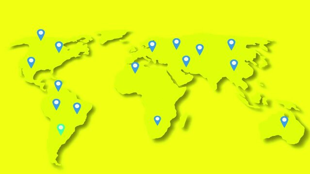 Abstract world map animation with pointers. pins, navigation and travel concept
