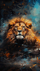 Powerful lion, regal and majestic, embellished with vibrant painting strokes and graffiti. Golden-maned, wild and untamed. A symbol of strength and pride, perfect for decor, prints and creative expre