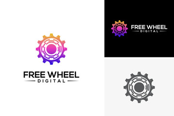 Vector pixel tech digital gear wheel automotive logo design template