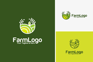 Vector landscape rice field soil farm plant for agriculture logo design template