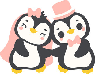 Cute Penguin couple holding hanbd, Bride and Groom, Wedding cartoon animal illustration