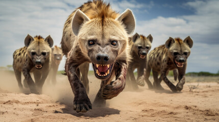a group of angry hyenas at the dessert - obrazy, fototapety, plakaty