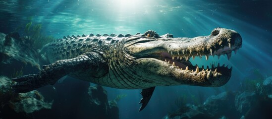 A splendid crocodile in the sun surrounded by tiny plankton underwater. - obrazy, fototapety, plakaty