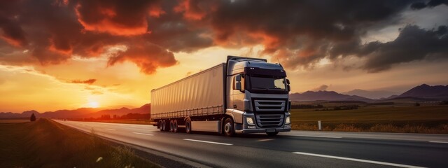 Truck driving on the asphalt road in rural landscape at sunset with dark clouds. wide panorama