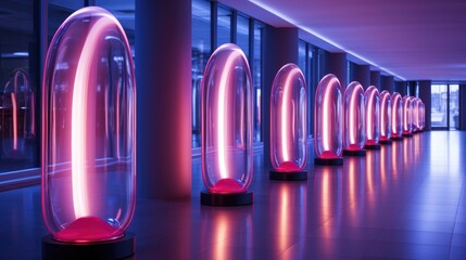lighting fixtures with light coming from their tubes, in the style of light magenta and crimson