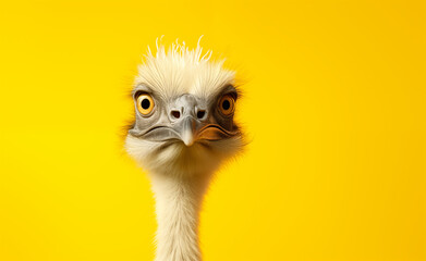 Creative animal concept, macro shot of yellow ostrich over yellow pastel bright background. - obrazy, fototapety, plakaty