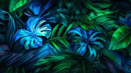 "Tropical Leaves Illuminated by Vibrant Green and Blue Neon Lights: Futuristic Night Scene