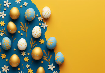 Colorful easter background with painted and decorated easter eggs and copy space