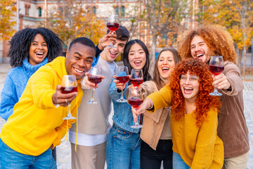 Multi-ethnic young people toasting to the camera in the street