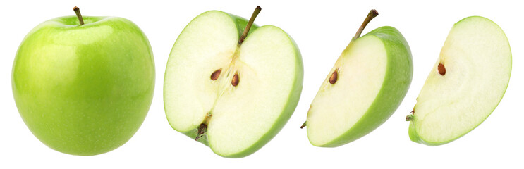 green apple, half and slice isolated, transparent PNG, collection, PNG format, cut out
