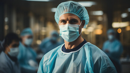 portrait of male surgeon with mask in the operating room - obrazy, fototapety, plakaty