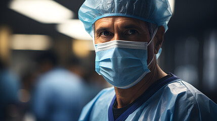 Fototapeta na wymiar portrait of male surgeon with mask in the well-lit operating room