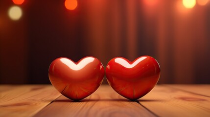 Two adorable hearts, in red stand out beautifully against a blurry bokeh background of pink hues. This image exudes love and warmth