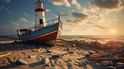 Old boat in the sand near a lighthouse - obrazy, fototapety, plakaty