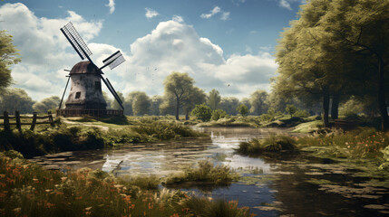 Old windmill on the shore of a pond or lake - obrazy, fototapety, plakaty
