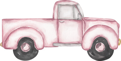 Watercolor pink truck clipart, transport Illustration, Cute car print clip art, hand drawn lorry clipart. transportation object.