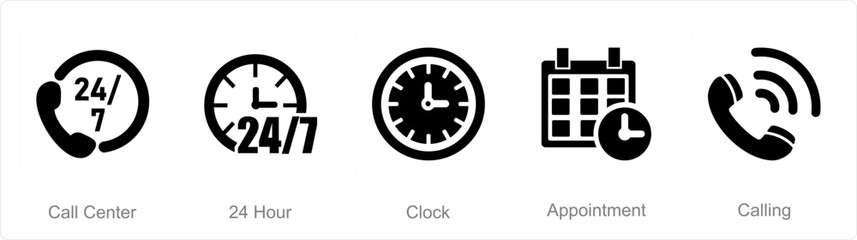 A set of 5 Contact icons as call center, 24 hour, clock