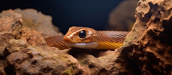 Young Rough Earth Snake resting on rock with tail in hole crevice.
